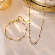 Minimalist Bow Zircon Bracelet and Necklace Set Golden Alloy Jewelry for Women