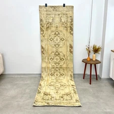 2.5'x9' Faded Vintage Turkish Oushak Runner, Handmade Wool Rug, Orange Beige