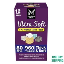 Member's Mark Ultra Soft 3-Ply Facial Tissues, Cube Boxes 80 tissues/box, 12 box