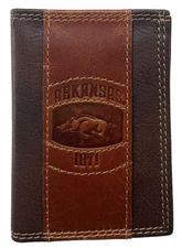 Arkansas Razorbacks Genuine Leather Branded Bifold Wallet in Brown by Enmon-New
