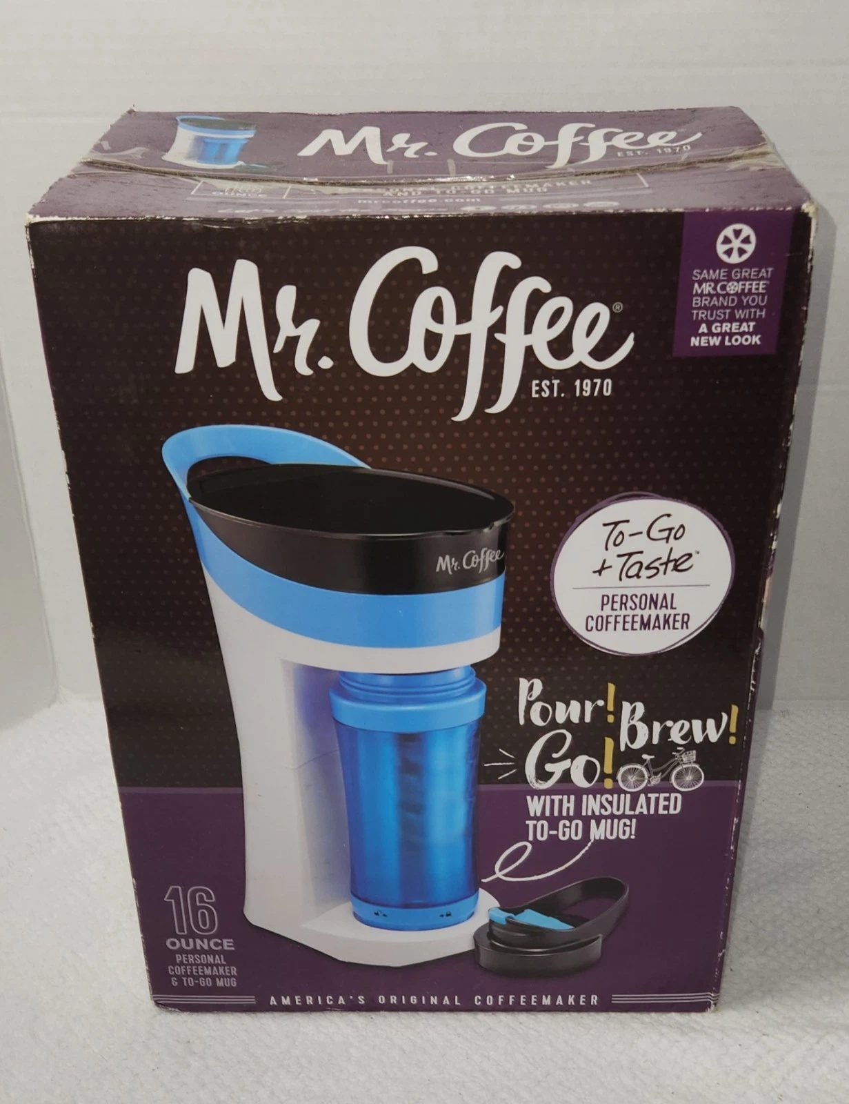 Mr. Coffee Personal Coffee Maker Blue To-Go 16oz Mug