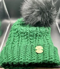Hand Crocheted winter hat With Removable Pompon-faux Fur, Green.