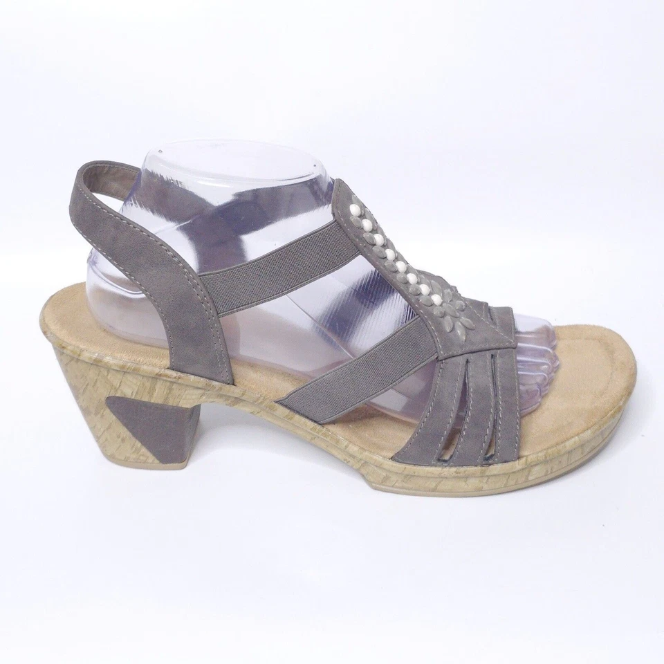 Sandálias elásticas de couro enfeitado RIEKER salto bloco cinza claro tamanho 42 UE 10-10,5 EUA - Imagem 3 de 4