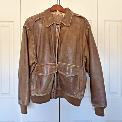 Authentic Vintage 1980s Brown Genuine Leather Bomber Jacket