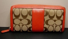 Coach Brown Signature Jacquard  Coral Leather Zip Around Accordion Wallet READ