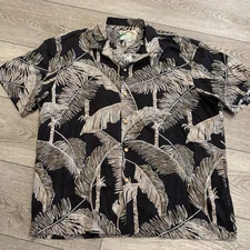 Paradise Found Men's XL Hawaiian Black Tropical Palm Leaves Beach Camp Shirt