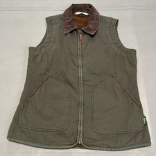 Woolrich Women Olive Canvas Fleece Line Corduroy Workwear Zip Vest Jacket-S-4609