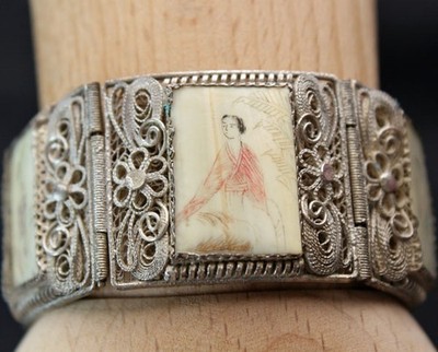 Vintage Chinese Export Silverplated Copper Filigree Painted Panel Bracelet