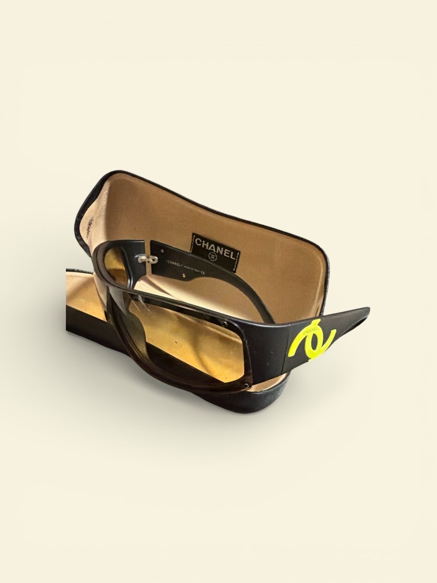 CHANEL Black Rectangle Sunglasses Yellow Lens Women's Designer