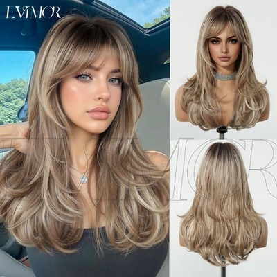 Natural Looking Long Curly Full Head Wig With Side Bangs Synthetic Hair Wig For