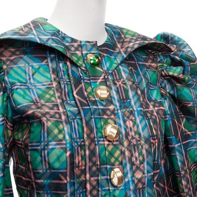 CHOPOVA LOWENA green plaid tartan gold textured button puff sleeve