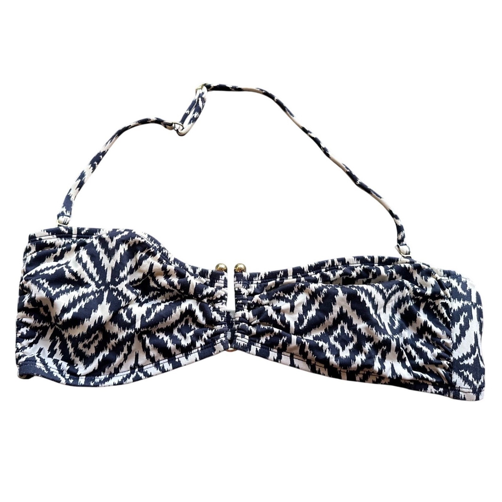 Banana Republic Navy White Ikat Bandeau Bikini Top Gold Hardware Small Halter