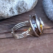 Handcrafted Edgy Translucent Amber Silver Spiral Luster Glass Bauble Ring