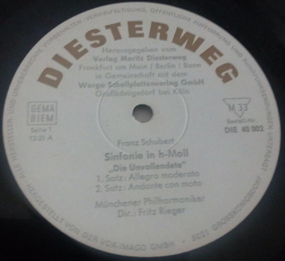 LP ALFRED BRENDEL - SCHUBERT - SINFONIE NR. 8 / FRITZ RIEGER * DIESTERWEG WERGO - Bild 3 von 4