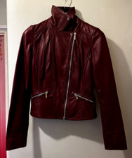 Karen Millen (genuine) Dark Red Leather Signature Biker Jacket In Size 8