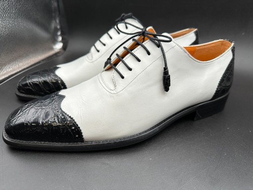 Mezlan Size 10 M Lace Up Black White Spain Leather Crocodile Shoes MEN'S