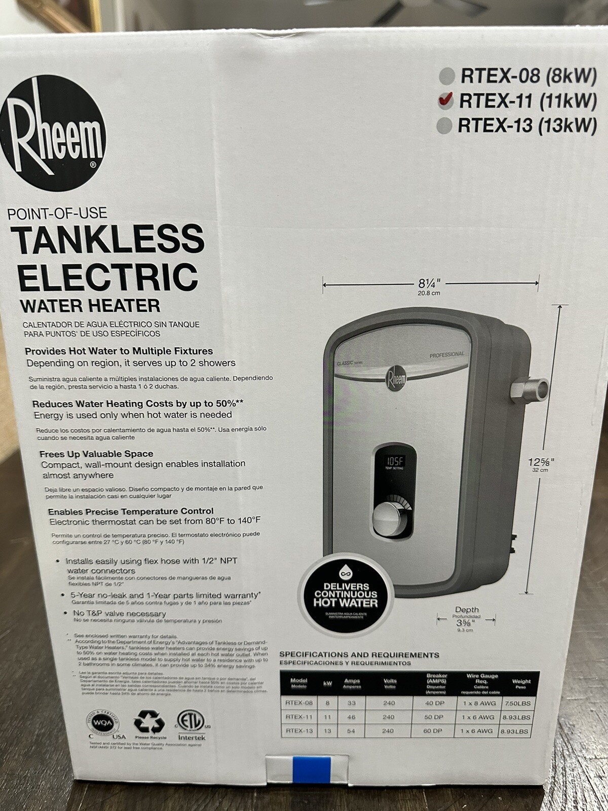 RHEEM RTEX-11 11KW 240V TANKLESS, INSTANT ELECTRIC WATER HEATER
