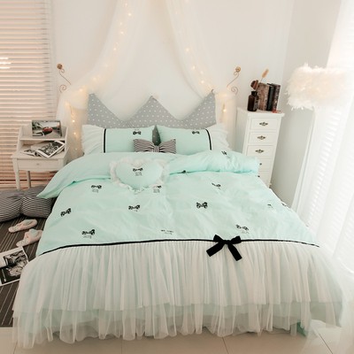 Korean Princess Bowknot Cotton Lace Bedding Set Bed Skirt Duvet