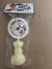 Vintage Baby Rattle Clown Face Yellow and White Handle Plastic NOS