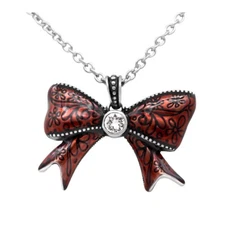 Red Bow Necklace Red Epoxy Ribbon Pendant with White Crystal
