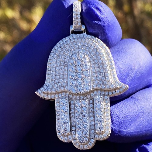 Real 925 Sterling Silver Hamsa Hand Fatima Pendant Iced CZ 3D Amulet Charm - Picture 11 of 12