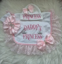 Romany Baby Girls Bib Hat And Headband Set Size 0-3 Months Pink DADDYS PRINCESS 