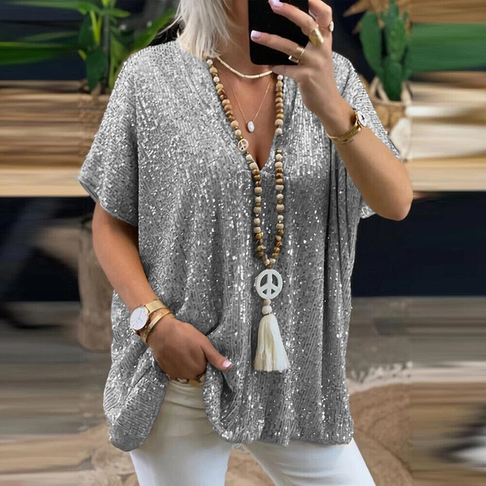 Womens Sequins Glitter Tops V Neck Ladies Clubwear Party Casual Blouse T- Shirt