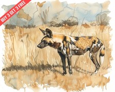 African Wild Dog Prowling through South African Watercolor 8x10 Print