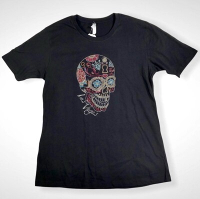 Cotton Heritage Las Vegas Sugar Skull Black Embroidered T-shirt Women Size XL!