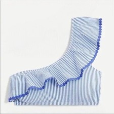 J Crew Blue Striped Seersucker Ruffled One Shoulder Bikini Top Size M NEW