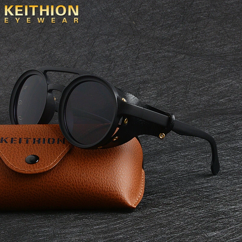 Men s Steampunk Sunglasses Retro Leather Goggles With Side Shields Round Shades