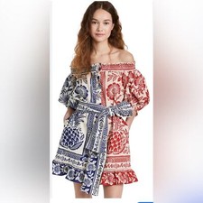 Farm Rio Women’s Mixed Pineapple Garden Mini Dress Blue Red Cream Puff Sleeves M