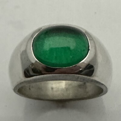 MJG STERLING SILVER Mans RING. 12 X 10mm NANOCRYSTAL EMERALD CAB. SZ 9 3/4