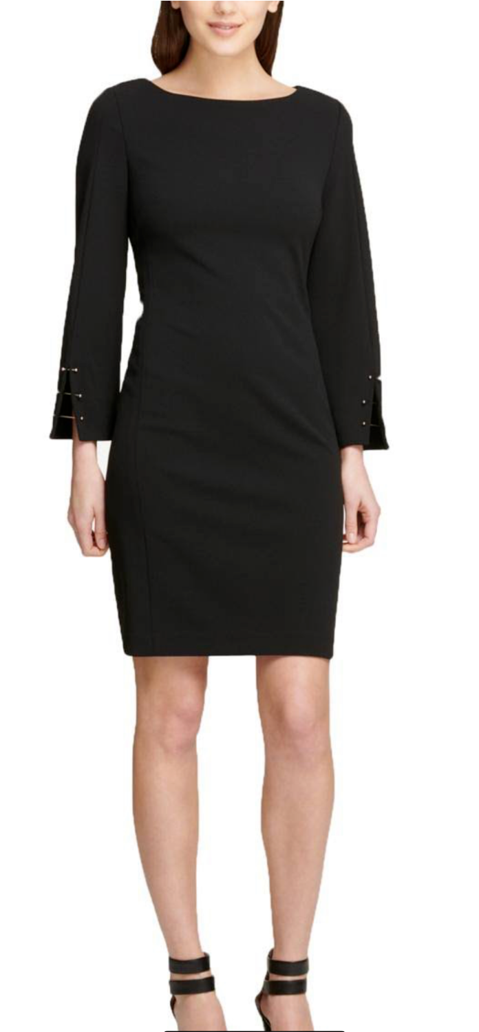 DKNY Dress 4 Black Stretch Career Church Party Long Bar Sleeve NWT $320