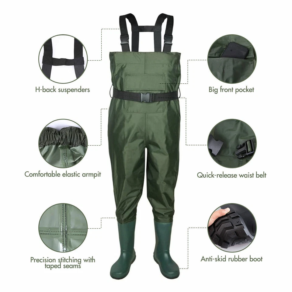 Chest Waders 2-Ply Nylon 6-13Size Waterproof PVC Rubber Fishing Hunting Bootfoot - Image 4 of 4