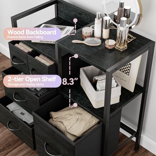 Chest of Drawers 2 Tier Shelf Dresser for Bedroom 5 Drawers Storage Black Oak - Picture 5 of 7