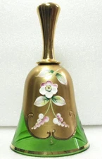VINTAGE GREEN AND GOLD BOHEMIAN CRYSTAL BELL WITH RAISED FLOWERS