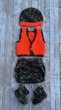 Crochet Newborn Baby Camo Hunter Hat, Diaper Cover, Vest, Booties Photo Prop Set