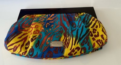 Nine West Wooden Frame Clutch Multicolor Animal Print Satin Purse