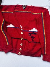 Vintage 1980s Fabuleux Wool Cardigan Red Pride Rainbow Stripe With Thunderstorms