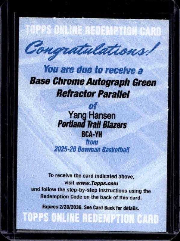 2025-26 Bowman Yang Hansen Chrome Auto Green Refractor RC #/99 Trail Blazers