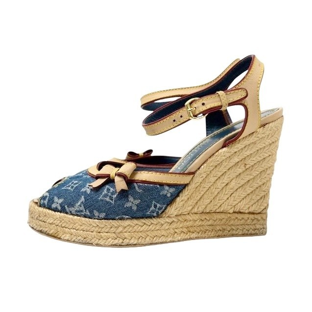 LOUIS VUITTON Vintage Logo Monogram Sandals Heels #36.5 Blue Beige