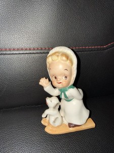 Vtg UCAGCO Ceramic Christmas Girl Ski Dog Japan