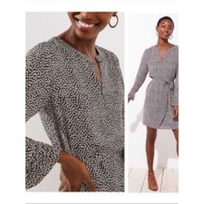 Loft Black & White Floral Printed Tie-Waist Long Pleated Sleeve Dress Size MT