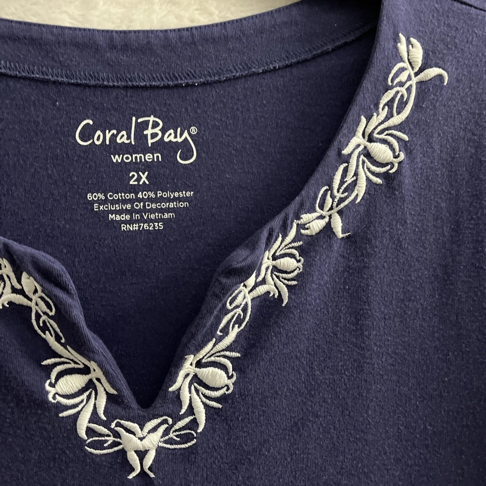 Coral Bay Womans Blouse Top Blue Embroidered Plus 2X Cotton Blend 3/4 Sleeve V - Image 3 of 4