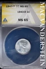 1943-D Lincoln Wheat Cent- ANACS MS 65- Lustrous- No Reserve #SLA1027