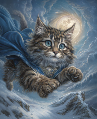 8x10 Cat In Cape Flying Through The Sky Art Print Wall Decor - 336253990