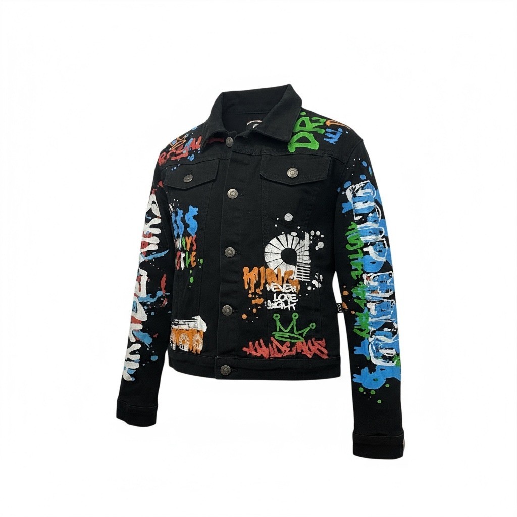 Akademiks Jean Jacket Black Y2K Graffiti Denim Jacket Street Size L 14/16