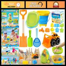 Collapsible Beach Sand Toys Set for Kids - Bucket, Shovel, Molds Mesh Bag