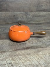 Vintage Enamel Fondue Pot With Lid-Orange-EUC